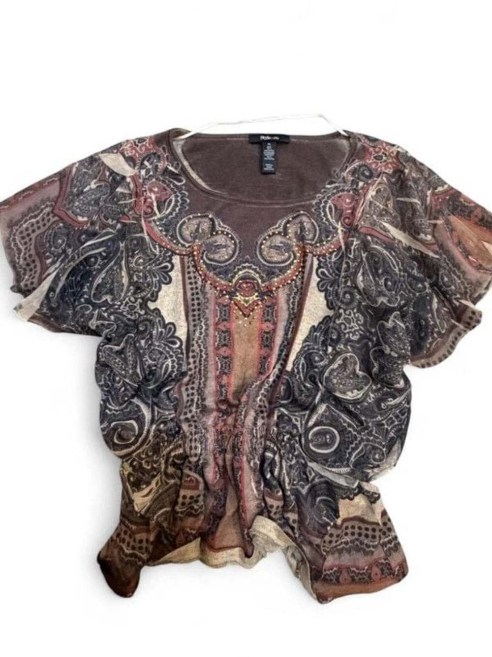 Vintage Women’s XL Brown & Black Paisley Beaded Blouse
